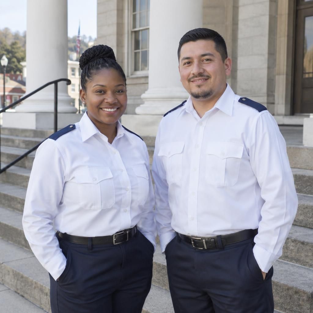 Court officers on courthouse steps